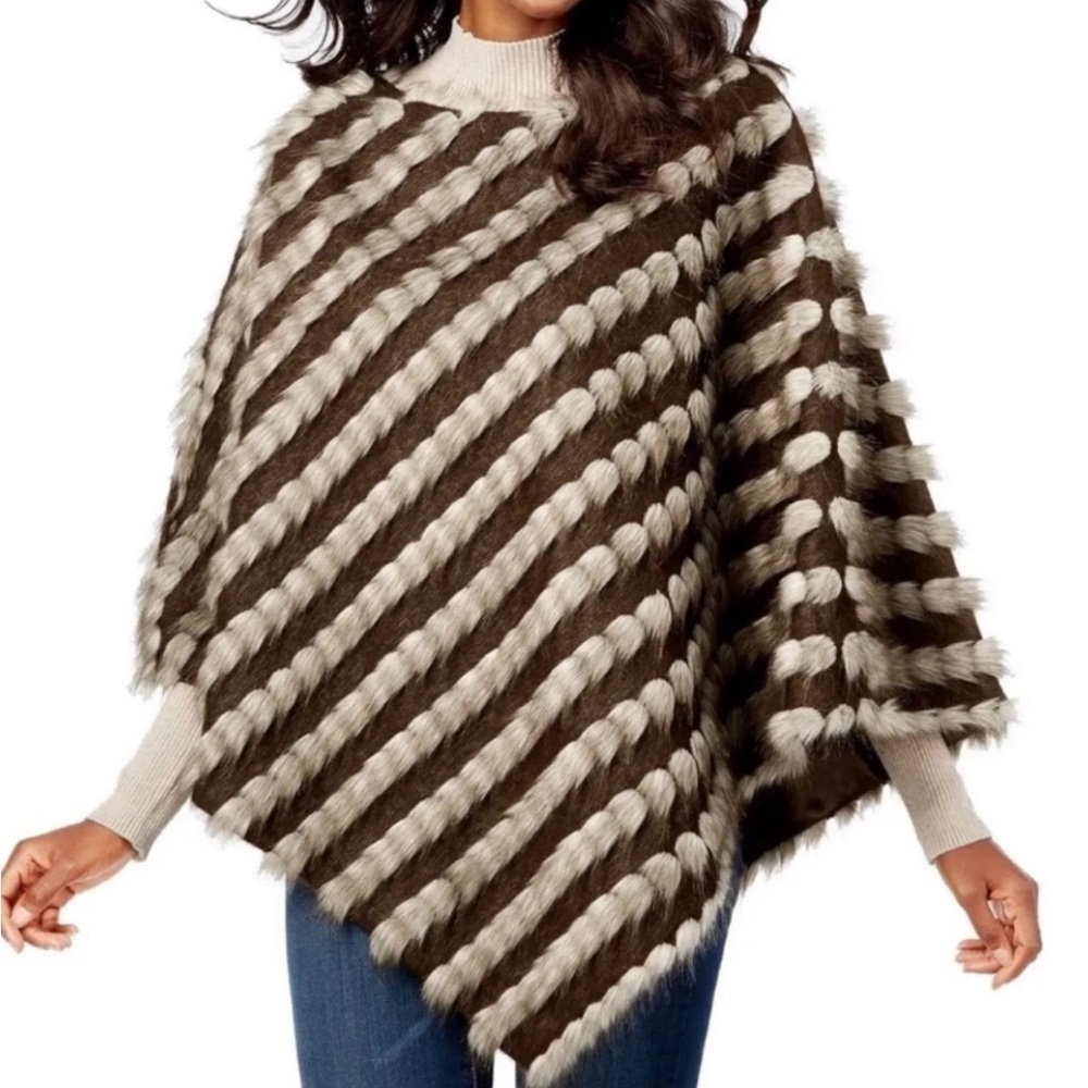 INC Women's Faux-Fur Stripe Poncho Tufted Brown Size M